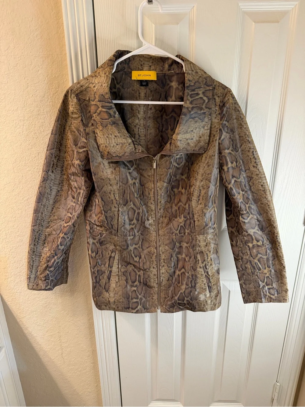 St. John Brown Snake-Print Leather Zip Jacket - Picture 2 of 10